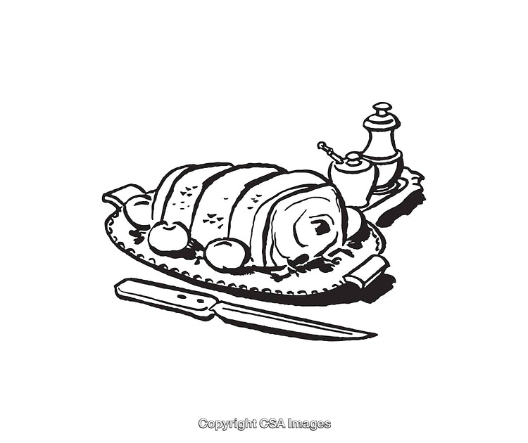 Black and White Line Art of a Gourmet Meat Platter with Utensils