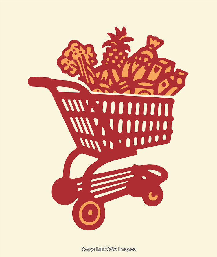 Shopping Cart Illustration With Groceries in a Vibrant Art Style