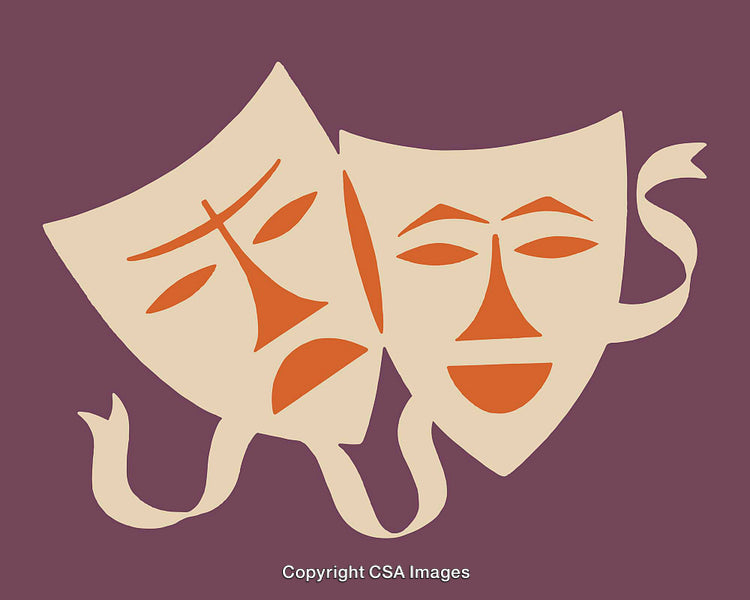 Colorful Illustration of Comedy and Tragedy Theater Masks on Purple Background