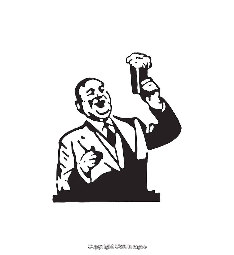 Vintage Black And White Illustration of a Cheerful Man Holding a Drink