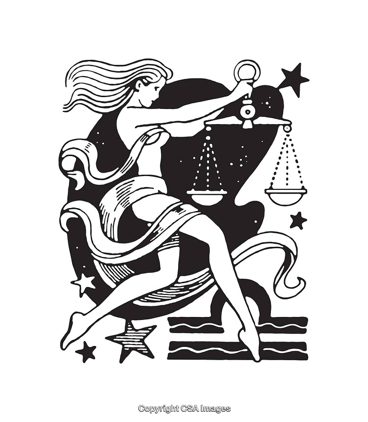 Elegant Line Art Depicting Libra Symbol with Scales and Stars in Black and White