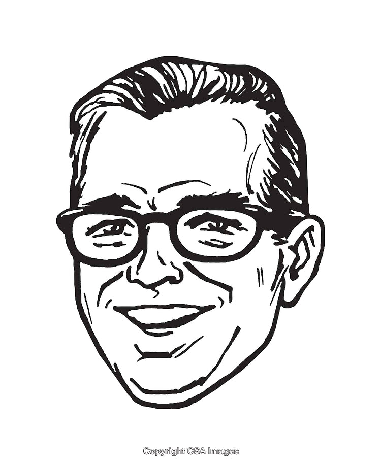 Black and White Illustration of a Smiling Man Wearing Glasses