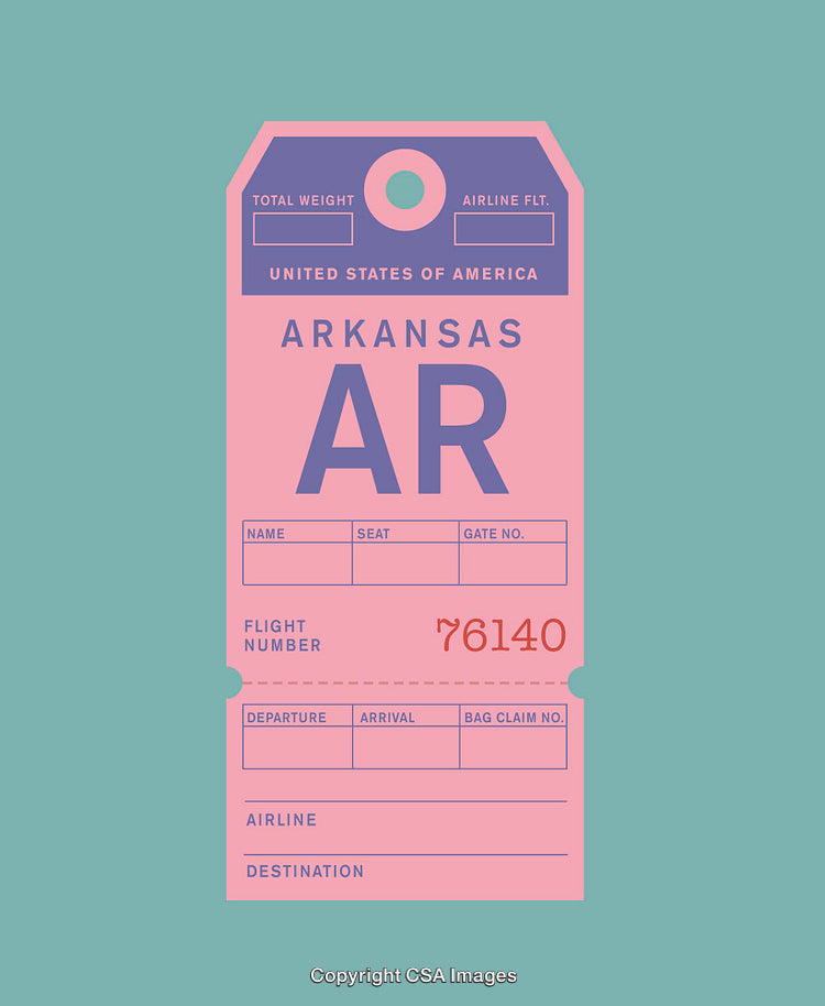 Pink and Purple Arkansas Vintage Travel Tag with Minimalistic Design on Teal Background