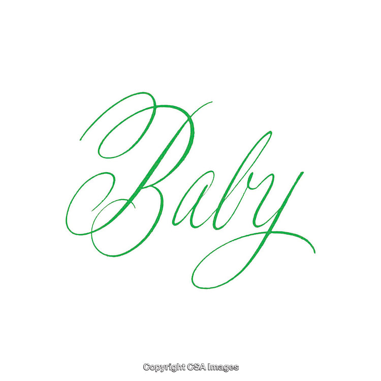 Ornate Green Script Calligraphy of the Word Baby on White Background