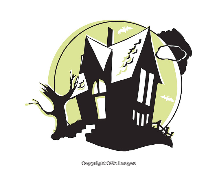 Haunted House Illustration With Spooky Trees and Full Moon Scene
