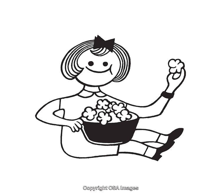Retro Line Art of a Cheerful Girl Enjoying a Bowl of Popcorn