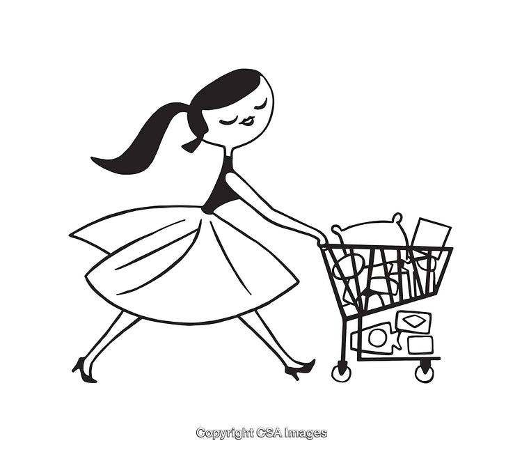 Stylish Shopping Woman in Line Art with Filled Cart
