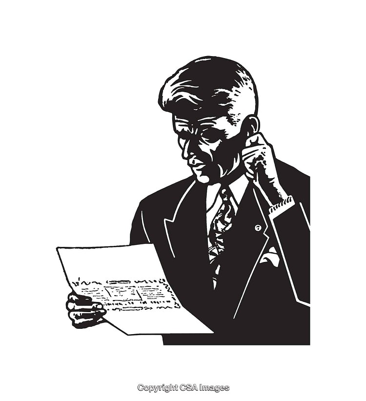 Vintage Style Line Art Illustration of Businessman Reading Document