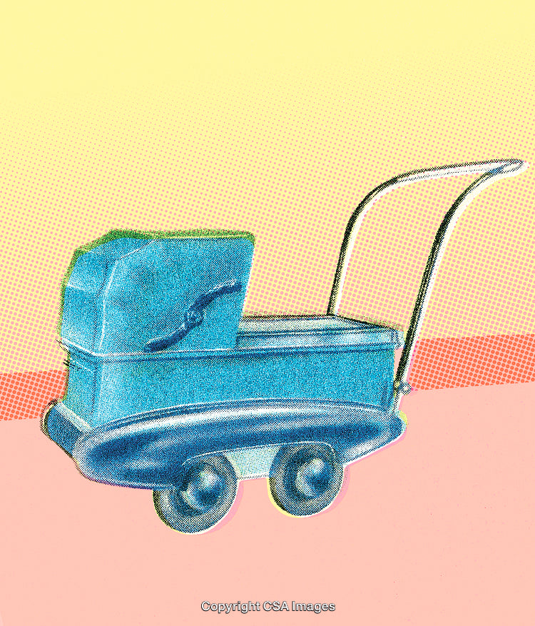 Retro Stroller Illustration in Vibrant Halftone Pop Art Style