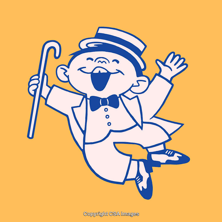 Cheerful Cartoon Character in Elegant Attire with Cane