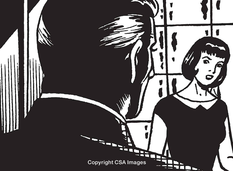 Retro Comic Style Illustration of a Conversation Scene in Black and White