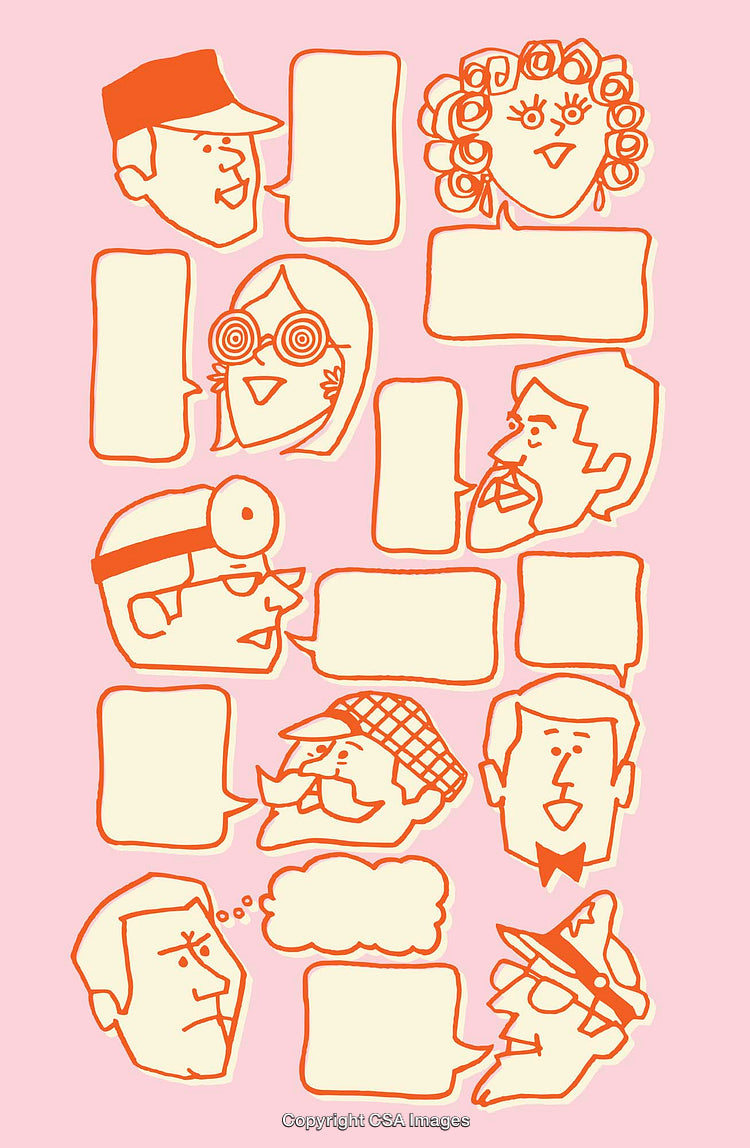 Bright Cartoon Faces with Text Bubbles Against a Pink Background