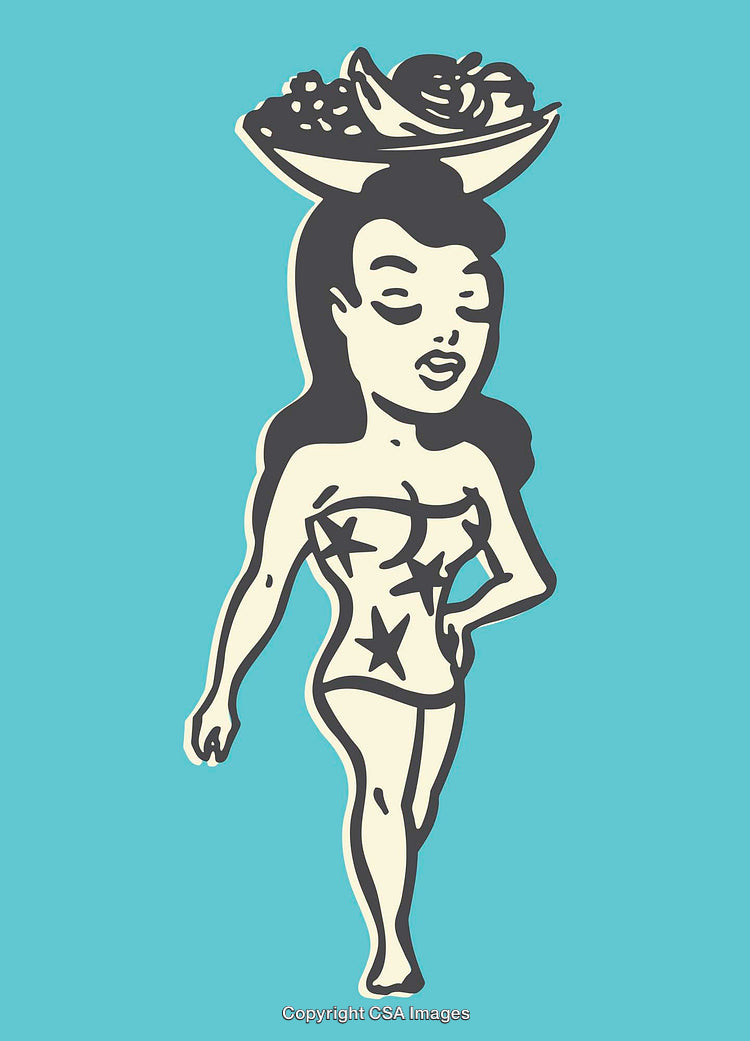 Elegant Tropical Dancer Illustration With Fruit Hat on Blue Background