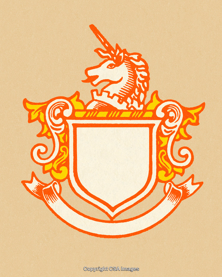 Elegant Heraldic Crest Design Featuring a Unicorn and Vibrant Ornamental Details