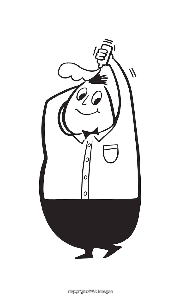 Cartoon Figure Combing Hair in Black and White Line Art