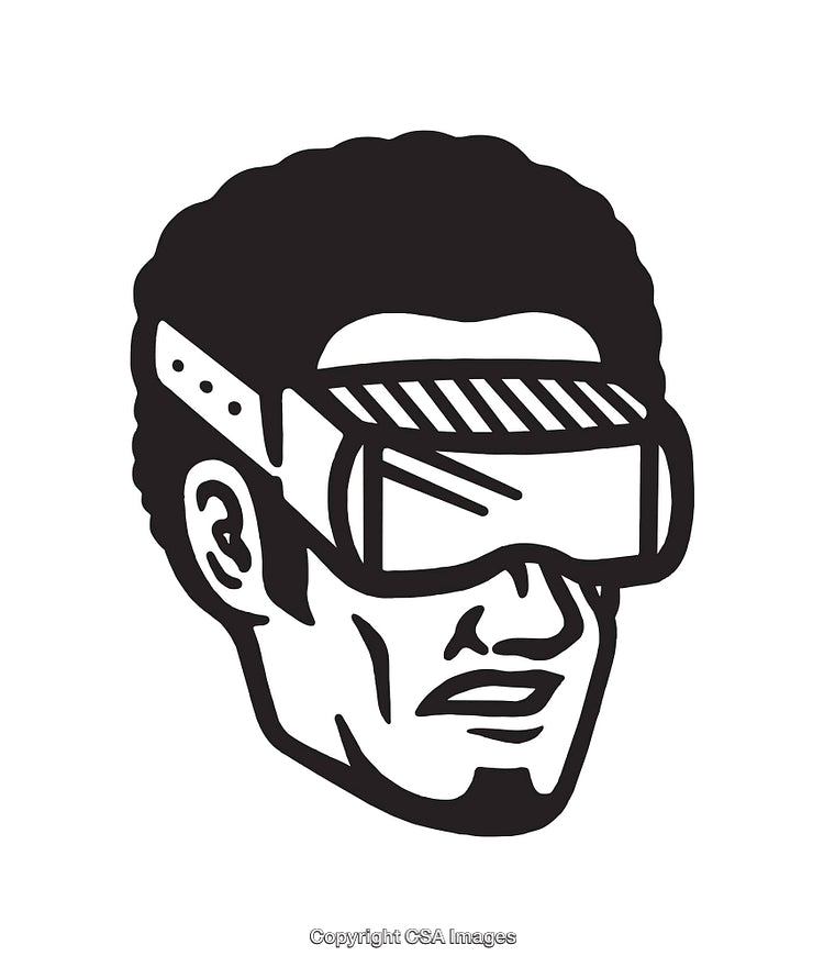 Black and White Illustration of a Man Wearing Retro Virtual Reality Goggles