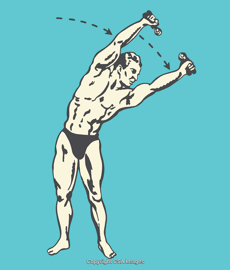 Vintage Fitness Illustration of Man Exercising with Weights on Blue Background