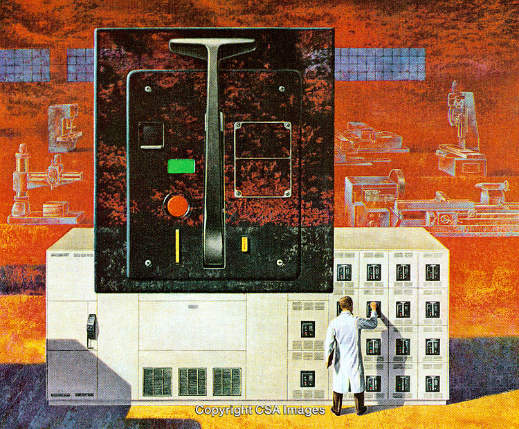 Scientist Operating Advanced Technology in Futuristic Setting with Vintage Design Elements
