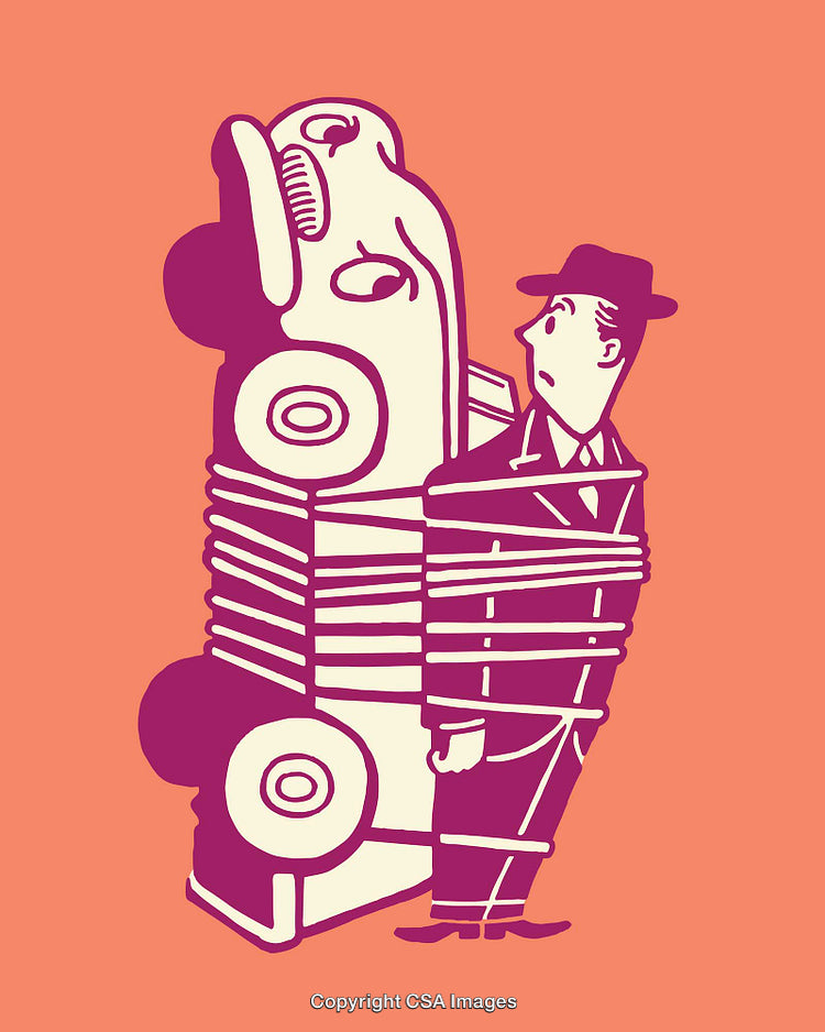 Retro Cartoon Style Illustration of a Man and an Oversized Car