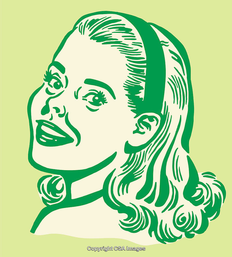 Vintage Green Line Art Illustration of a Cheerful Retro Woman