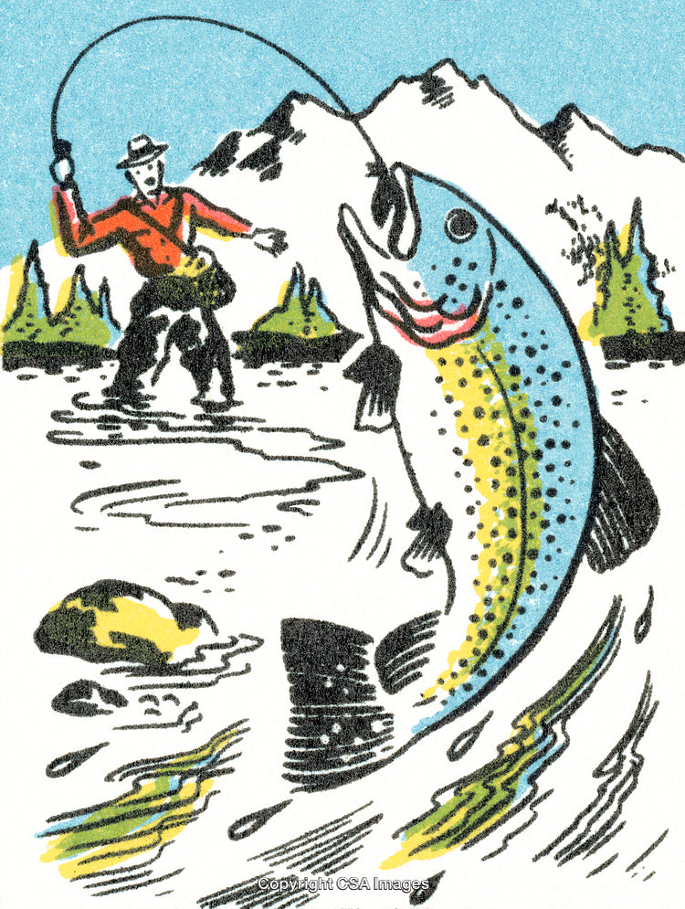 Fisherman Catching a Trout in Scenic Mountain River