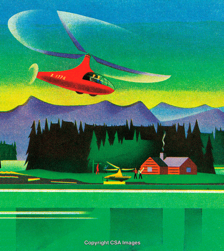 Colorful Scenic Landscape With Helicopter Over Cabin in Wilderness