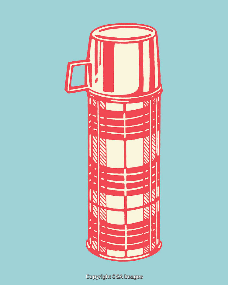 Vintage Red Checkered Thermos Line Art on Blue Background