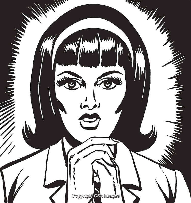 Black-and-White Illustration of a Surprised Woman in Pop Art Style