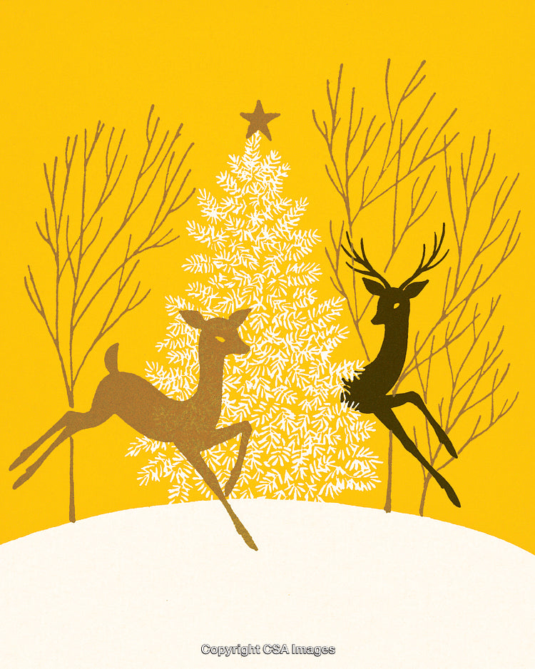 Festive Christmas Scene With Reindeer and Decorated Fir Tree in Winter