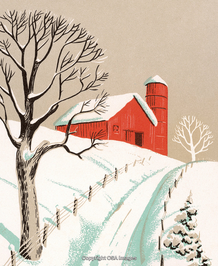 Red Barn in a Peaceful Snowy Winter Countryside Landscape
