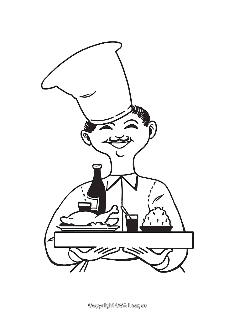 Cartoon Chef Holding Tray of Food and Drinks in Black and White Line Art