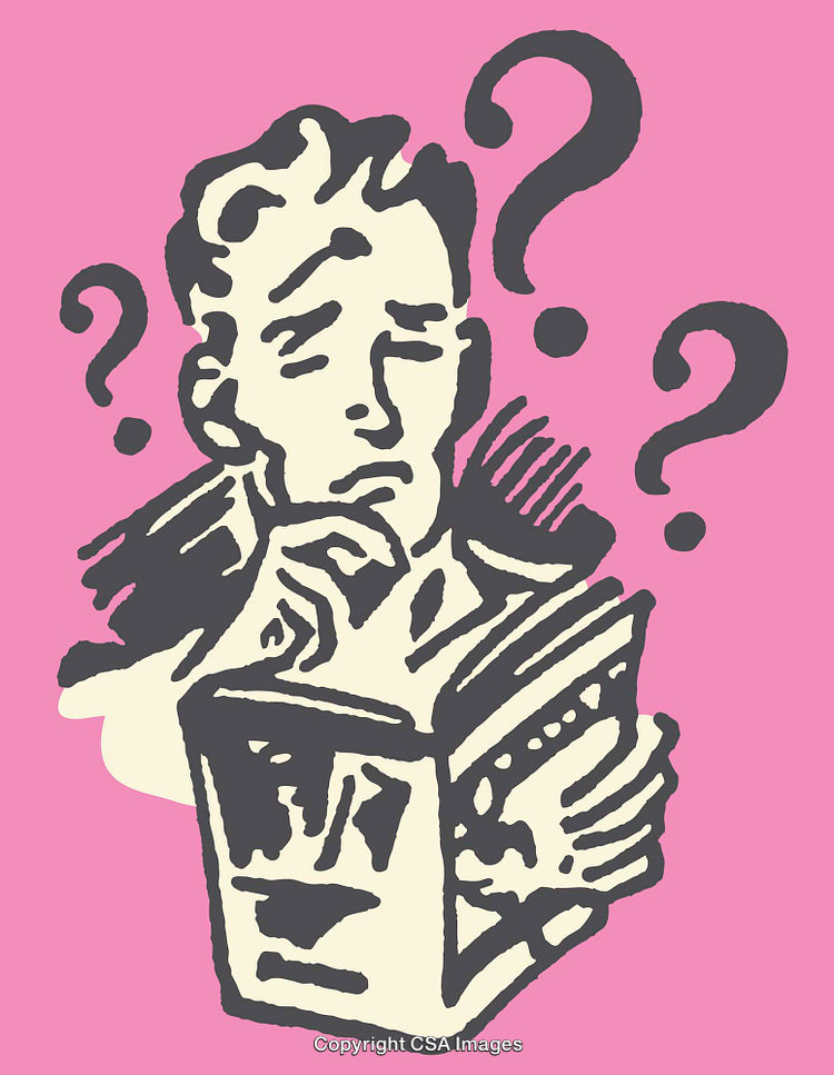 Confused Man Reading a Book with Question Marks in Vector Style Art