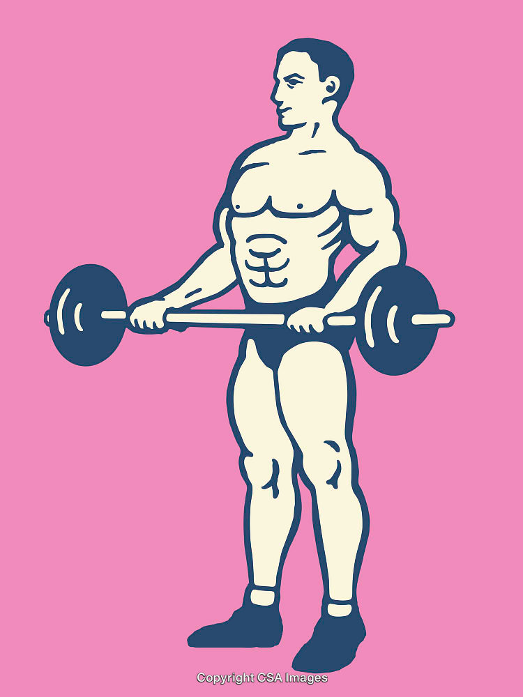 Colorful Line Art of Man Lifting Weights on Pink Background