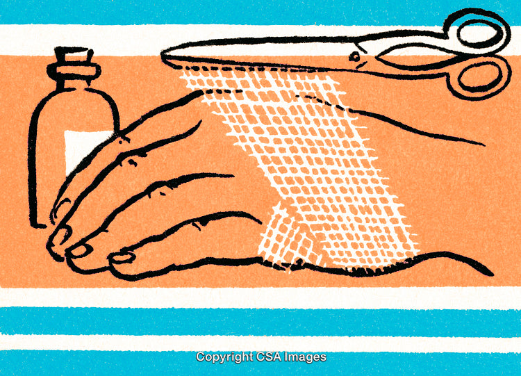 Illustrated Medical Dressing Application Scene Depiction With Scissors and Bottle