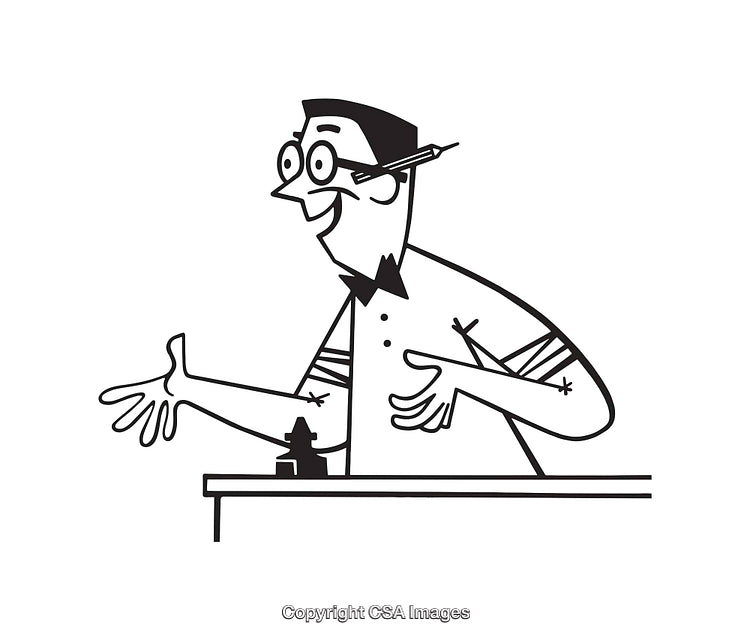 Black And White Cartoon Illustration of a Character Gesturing Happily