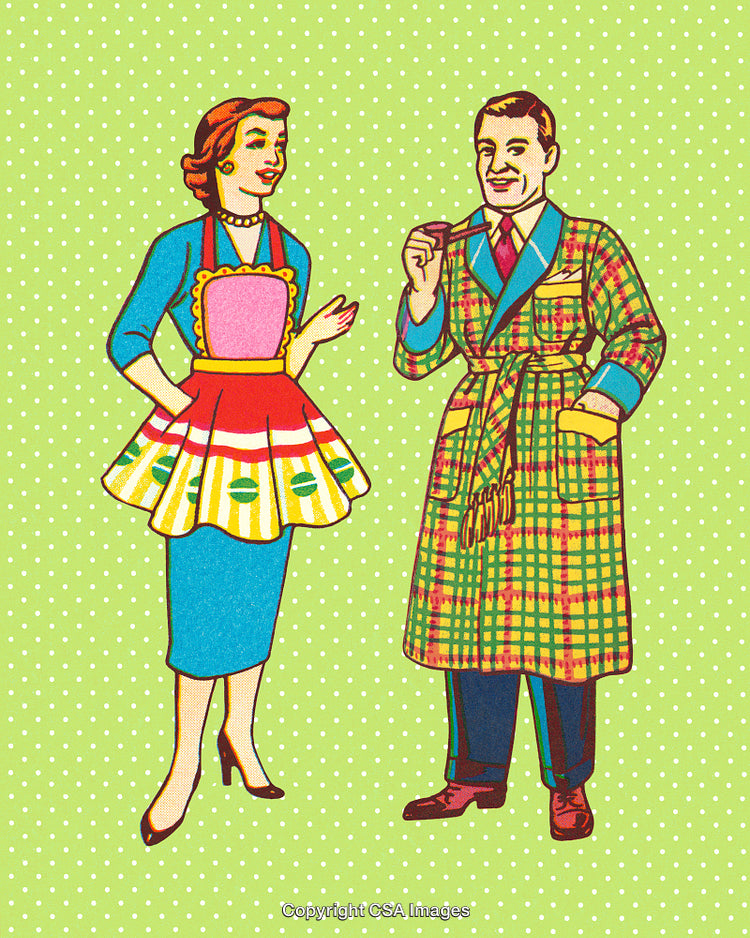 Retro Style Illustration of a Couple in Vintage Clothing on Polka Dot Background