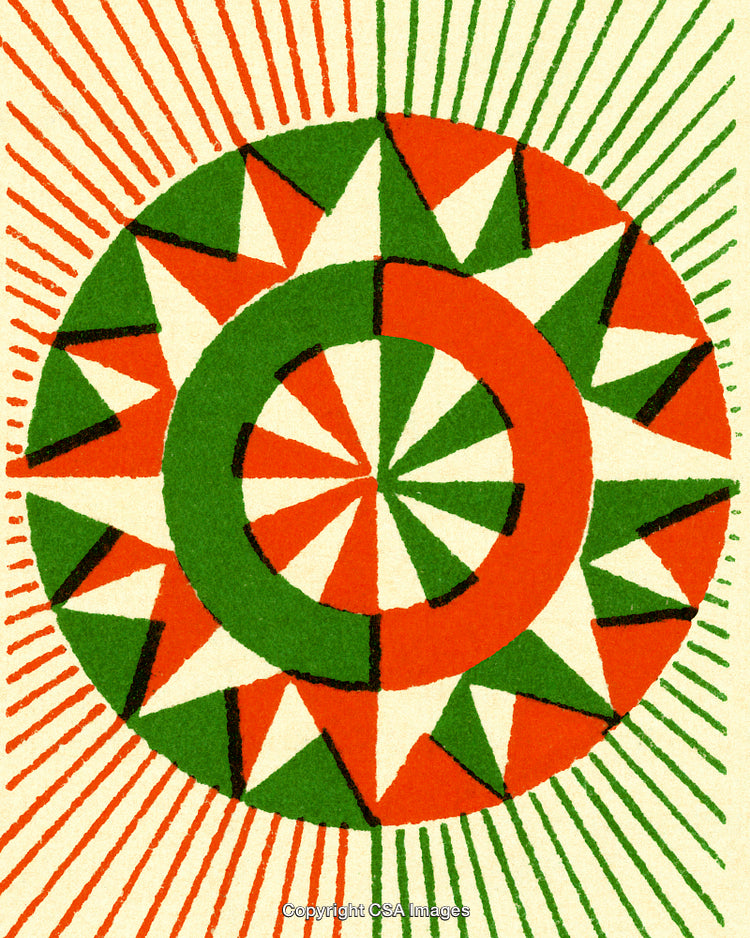 Colorful Geometric Design with Radiating Patterns and Circular Motif in Green and Red