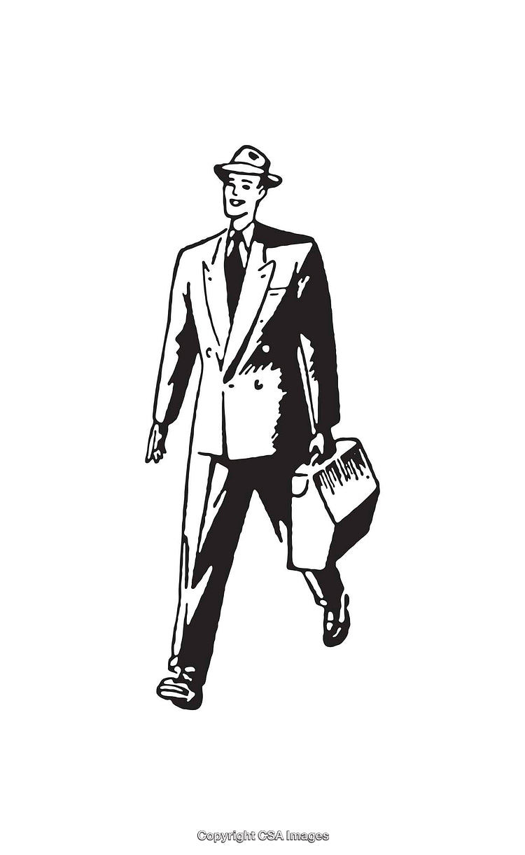 Vintage Illustration of a Businessman in Suit Carrying a Briefcase in Line Art