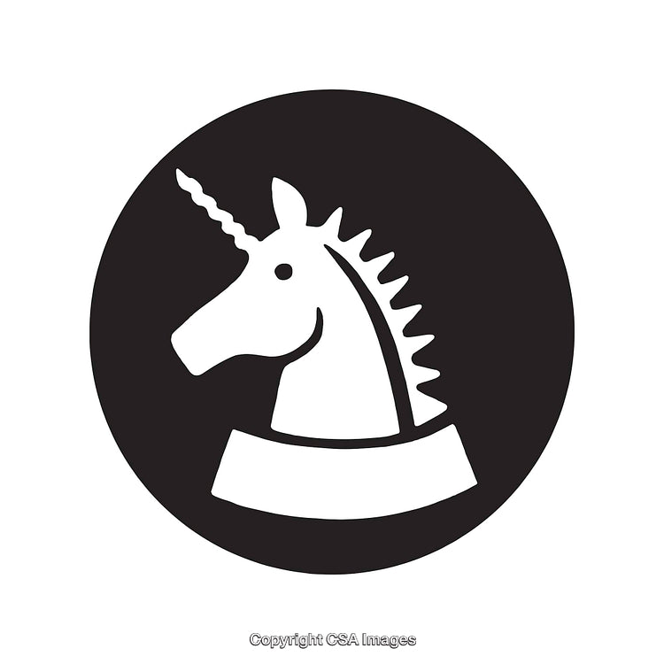 Stylized Black and White Unicorn Emblem in Circular Frame