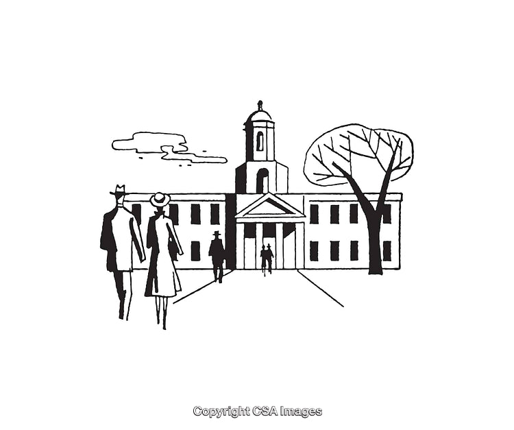 Black and White Line Art of People in Front of Historic Building