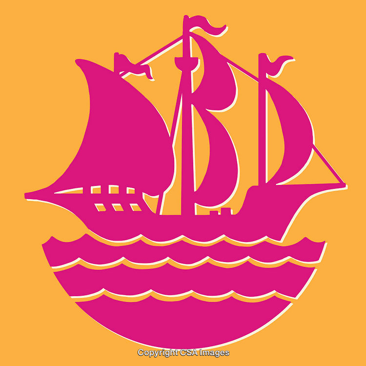 Colorful Graphic Illustration of a Sailing Ship on Water