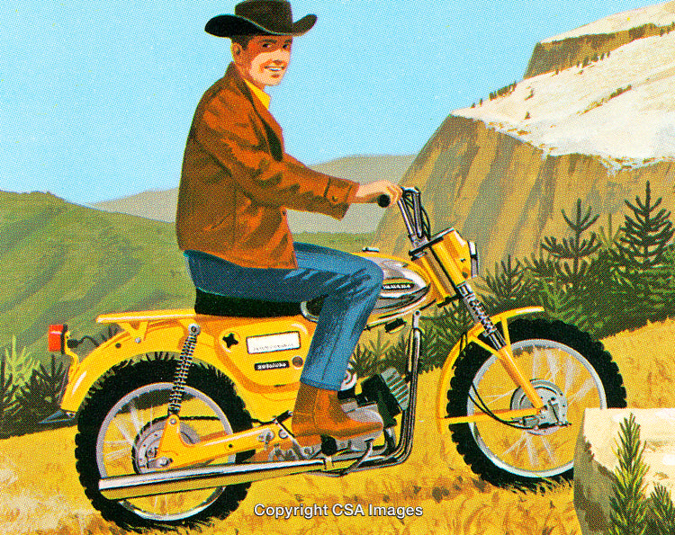 Man Riding a Vintage Yellow Motorcycle in a Scenic Mountain Landscape