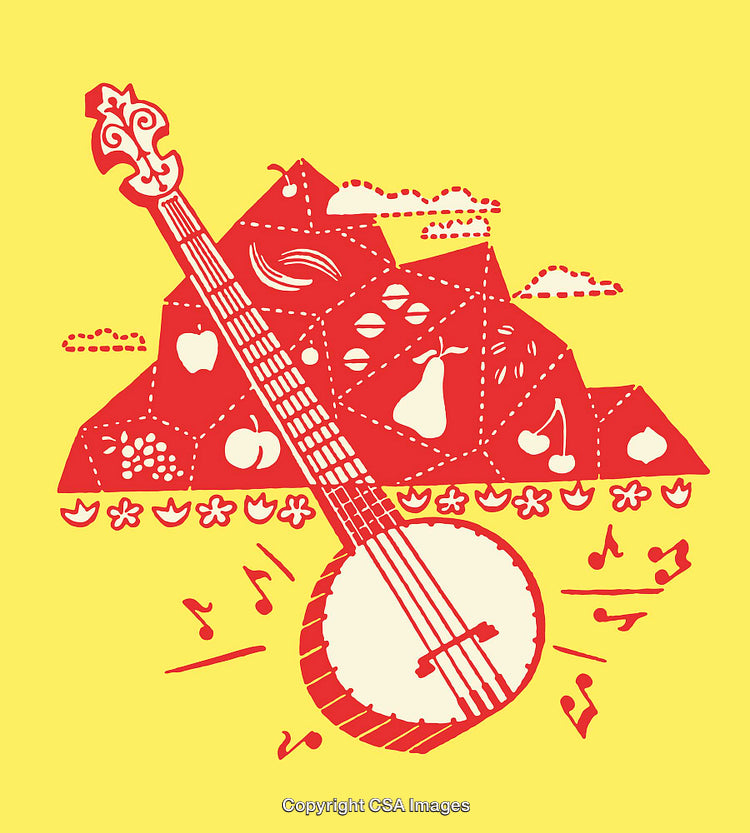 Colorful Banjo Illustration with Fruits and Folk Art Motif