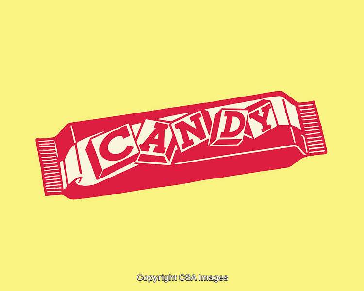 Colorful Candy Wrapper Illustration with Bold Typography on a Bright Background