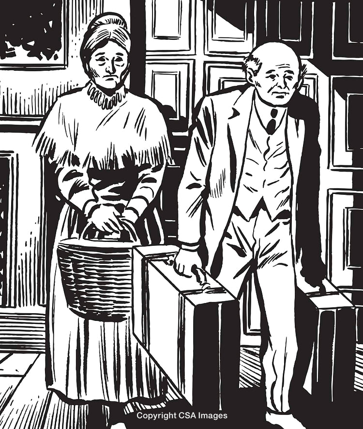 Vintage Black and White Illustration Depicting Elderly Couple Carrying Luggage