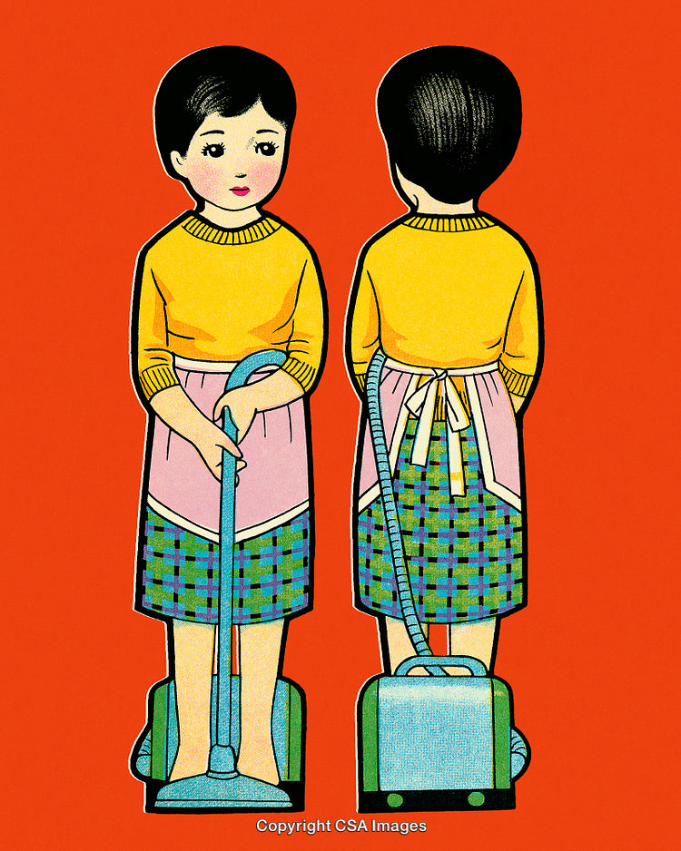 Vintage Illustration of a Character Vacuuming in Retro Style
