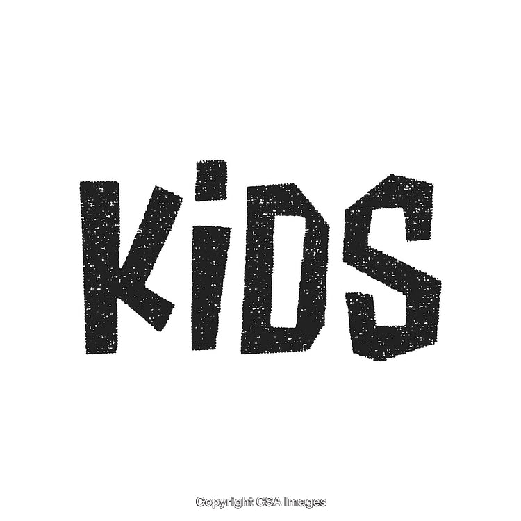 Bold Textured Word Art 'Kids' in Black, Grainy Typeface on White Background
