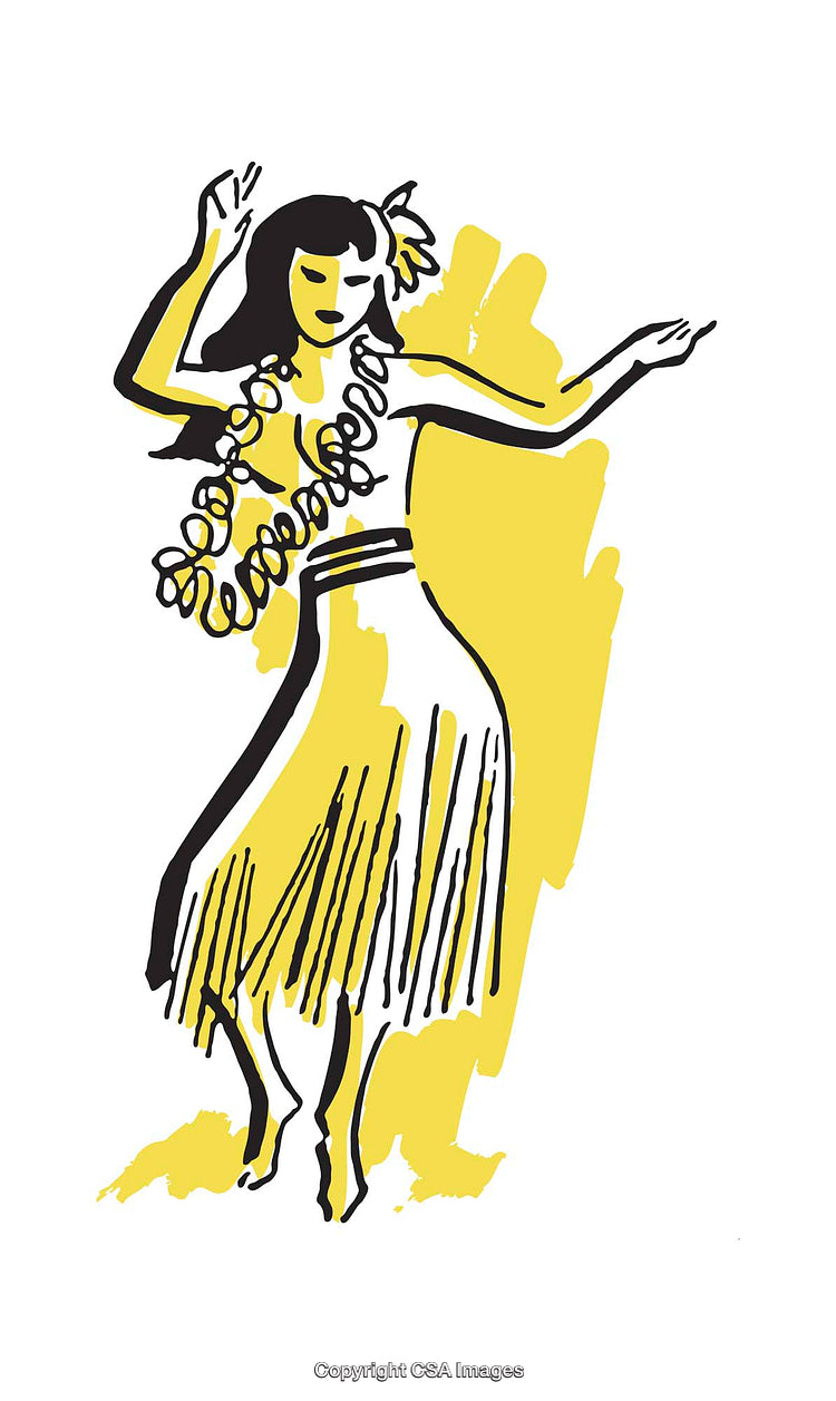 Colorful Illustration of a Dancing Hula Woman with Leis and Skirt