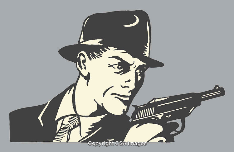 Vintage Comic Style Illustration of Detective with Hat and Firearm