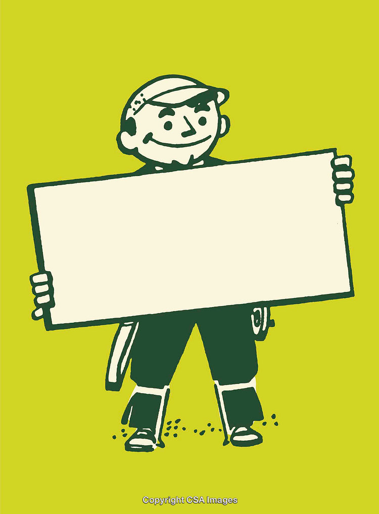 Retro Style Cartoon Character Holding Blank Sign Board for Custom Text